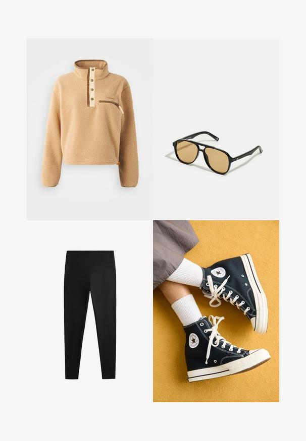 Beige fleece pullover with a high collar, half-button placket, and a left chest zip pocket. Textured fabric with brown accents.; Black leggings made of smooth, stretchy fabric. Features a wide waistband and tapered leg design, suitable for active or casual wear.; Black high-top canvas sneakers with white laces and rubber soles, featuring a round Converse All Star logo on the outer side.; Black sunglasses with brown tinted lenses; rectangular shape with a thick frame, including subtle hardware accents on the temples.