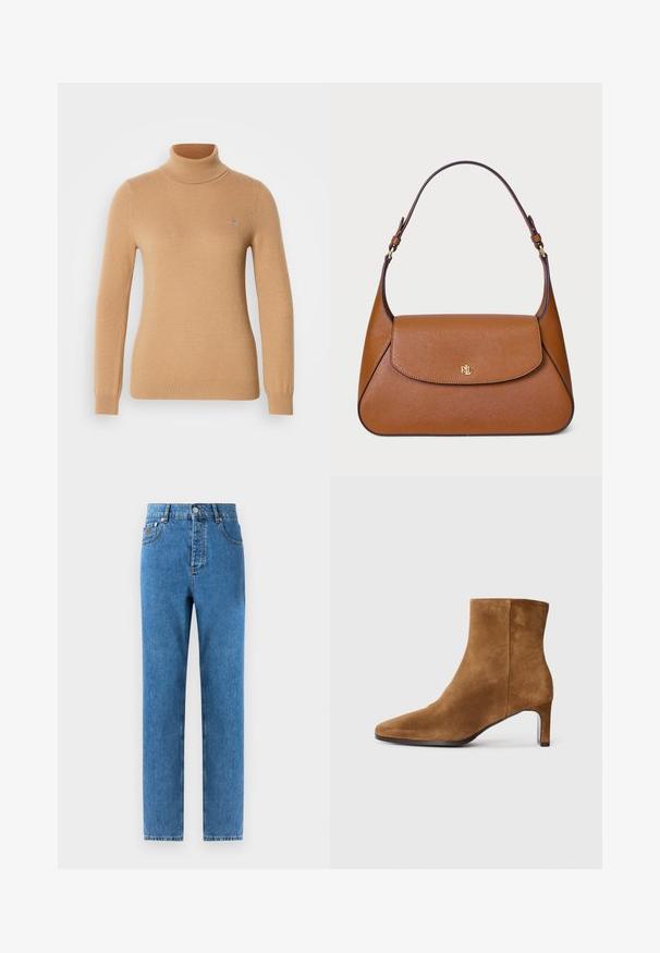 Beige Rollkragenpullover aus weichem Strickstoff, mit langen Ärmeln und einem dezenten Markenlogo auf der Brust. Rippbündchen und -saum.; Denimjeans in mittelblau mit geradem Schnitt, fünf Taschen, Knopfverschluss und leichter Ausbleichung des Gewebes für subtile Texturvariationen.; Braunes Wildleder-Ankle Boot mit spitzem Schuh und schlankem, mittelhohem Absatz, seitliche Ansicht auf weißem Hintergrund.; Braune Lederhandtasche mit strukturiertem Design, einer flachen oberen Klappe und einem einzigen geschwungenen Tragegurt. Verfügt über goldene Hardware mit geprägtem Logo.