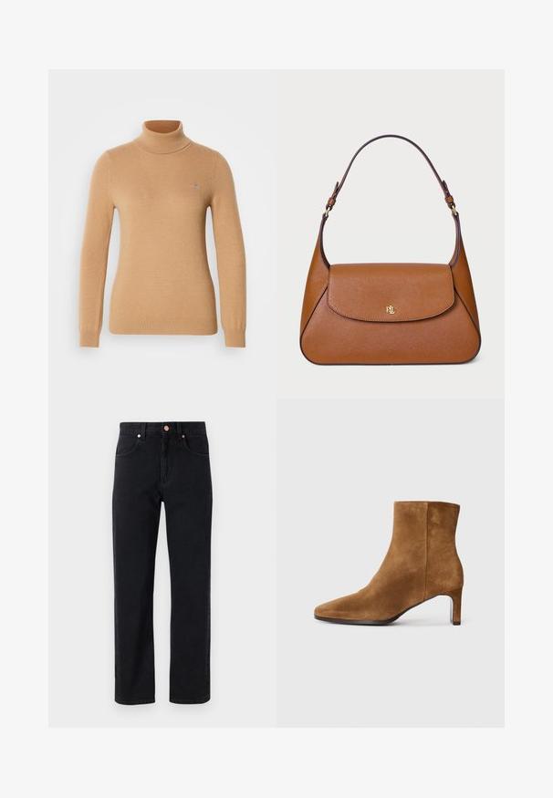 Pull à col roulé beige en tricot doux, avec des manches longues et un logo de la marque discret sur la poitrine. Poignets et ourlet côtelés.; Jean en denim noir avec une coupe droite, design cinq poches, détails en bouton cuivré et couture minimale visible.; Bottine en daim marron avec un bout pointu et un talon moyen slim, vue de côté sur fond blanc uni.; Sac à main en cuir marron au design structuré, avec un rabat plat en haut et une seule anse incurvée. Équipé de quincaillerie dorée avec un logo en relief.