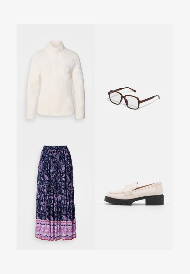 Bela rebrasta pulover s turtleneckom, izdelana iz mehke pletenine. Ima dolge rokave, prisl jatijoče silhueto in visok, zavit izrez.; Maxi krilo v mornarski modri barvi z razkošnim vijoličastim paisley vzorcem; elastičen pas in slojeviti rob z kontrastnim cvetličnim materialom na dnu.; Svetlo bež usnjeni loaferji z šivanim sprednjim delom in teksturiranim črnim podplatom. Imajo ukrivljen dizajn in drobno dvigovanje.; Rjave, pravokotne očala z prosojnimi lečami in vijoličnimi odtenki. Gladek plastičen okvir z ravnimi steblami in subtilnimi detajli.