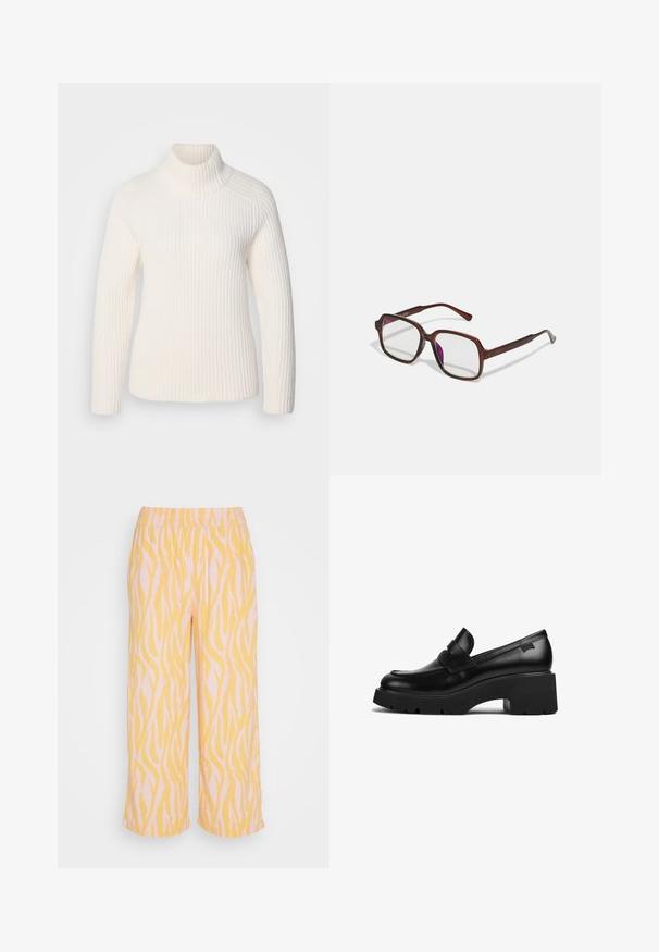 Bela rebrasta pulover s turtleneckom, izdelana iz mehke pletenine. Ima dolge rokave, prisl jatijoče silhueto in visok, zavit izrez.; b.young BYFalakka - Hlače - blazing orange; Črne usnjene molerke s debelim petom in širokim podplatom ter trakom čez zgornji del, prikazane s strani na beli podlagi.; Rjave, pravokotne očala z prosojnimi lečami in vijoličnimi odtenki. Gladek plastičen okvir z ravnimi steblami in subtilnimi detajli.