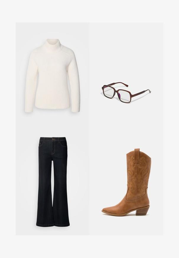 Bijela rebrasta turtleneck dukserica izrađena od mekanog pletenog materijala. Ima duge rukave, prilagođen siluetu i visoki, uvijeni ovratnik.; Mos Mosh DELUXE - Traperice opuštenog kroja - dark blue; Smeđe kožne kaubojke s oštrim nosom, izvezenim spiralnim uzorcima na gornjem dijelu i blok petom. Imaju potporu za lakše obuvanje.; Smeđe, pravokutne naočale s prozirnim lećama i ljubičastim nijansama. Glatki plastični okvir sa ravnim skrambljima i suptilnim akcentsima.