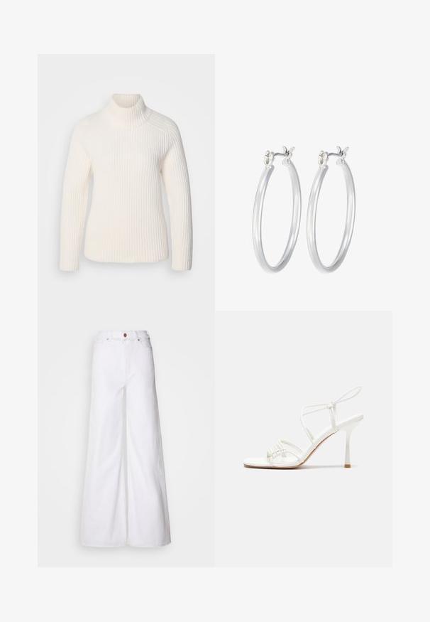Valge ribakujuline kõrge kaelusega kampsun pehmest kudumist materjalist. Omab pikki varrukaid, kitsast siluetti ja kõrget, rullitud kaelust.; Laiad valged teksad, mis on valmistatud denimist, kõrge vöökoha, viie tasku ja metallist detailidega nööbiga kinnise. Sile tekstuur.; Valge rihmadega kõrge kontsaga sandaal, millel on lamedad varbatoed, tekstuuriga esiosa kogutud detailidega ja kitsas pahkluu rihm.; Hõbedased rõngaskõrvarõngad, millel on sile, läikiv viimistlus. Ümmargune kuju ja turvaline klõpsulatus. Kerge disain, sobib igapäevaseks kandmiseks.
