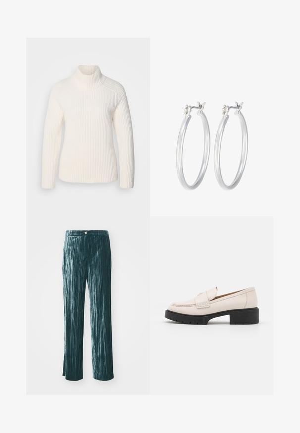 White ribbed turtleneck sweater in a soft knit material. Features long sleeves, a fitted silhouette, and a high, rolled neckline.; Teal pleated trousers with a wide-leg design, crafted from a shiny fabric, featuring vertical stripes for texture and a waistband with a small metal accent.; Light beige leather loafers with a stitched front and a textured black platform heel. Features a curved design and a slight elevation.; Silver hoop earrings with a smooth, polished finish. Round shape and secure click-top closure. Lightweight design suitable for everyday wear.