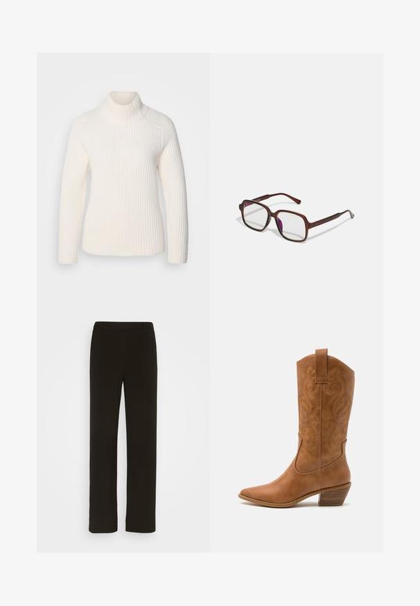 Bílý žebrovaný rolák vyrobený z jemného pleteného materiálu. Má dlouhé rukávy, přiléhavý střih a vysoký, stočený límec.; Černé kalhoty rovného střihu vyrobené z tkané látky, s plochým předním dílem, dvěma bočními kapsami a hladkým povrchem. Žádné viditelné vzory ani akcenty.; Hnědé kožené kovbojské boty s špičatou špičkou, vyšívanými spirálovými vzory na štítech a s blokovým podpatkem. Obsahují poutko pro snadné obouvání.; Hnědé, obdélníkové brýle s průhlednými skly a fialovými odstíny. Hladký plastový rám s rovnými nohami a jemnými akcenty.