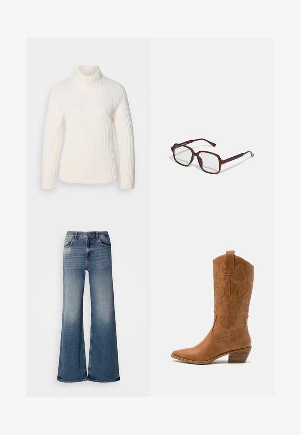 Suéter de cuello alto de canalé blanco en un material de punto suave. Presenta mangas largas, una silueta ajustada y un cuello alto enrollado.; Jeans de mezclilla anchos en un azul claro, con cintura alta, áreas descoloridas, diseño clásico de cinco bolsillos y detalles de dobladillo deshilachado.; Bota de vaquero de cuero marrón claro con punta afilada, patrones de espiral bordados en el tubo y un tacón bloque apilado. Cuenta con una pestaña de agarre para facilitar su uso.; Gafas marrones y rectangulares con lentes transparentes y tintes morados. Montura de plástico suave con patillas rectas y detalles sutiles.