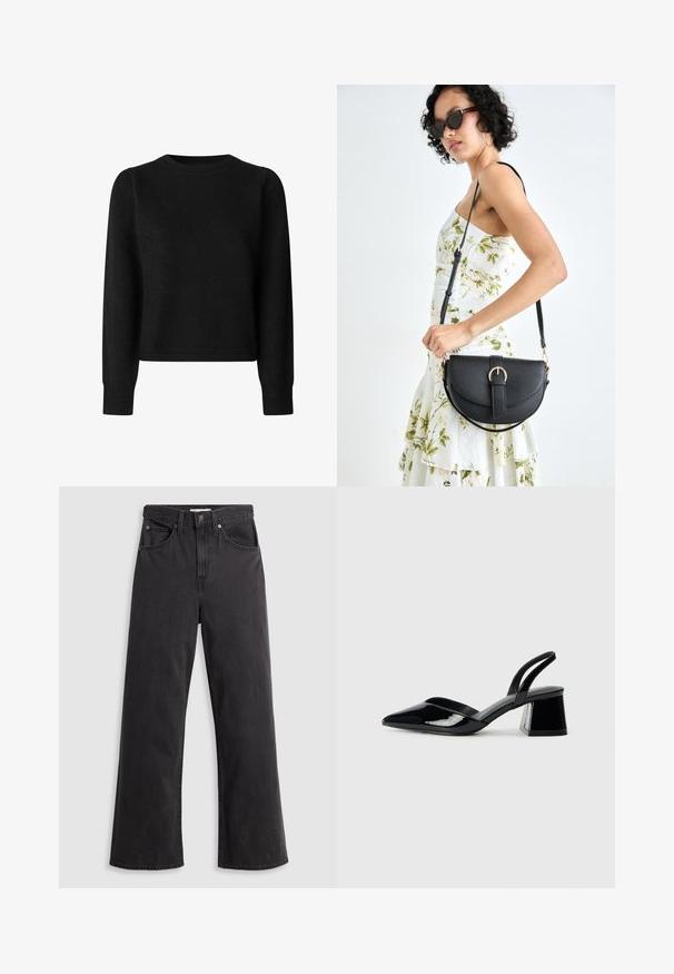 Svart, stickad tröja med långa ärmar, rund halsringning och kort passform. Har ribbade manschetter och nederkant. Mjuk textur, enhetlig färg.; Svarta denimbyxor med vida ben och hög midja, fem fickor och metallknäppning. Tyget har en slät, lätt urtvättad yta.; Svarta lackläder slingback klackar med spetsig tå och geometrisk klack. Har en elegant, minimalistisk design och slät yta.; Svart läderhandväska med en böjd form, avtagbar rem och guldiga detaljer. Väskan har ett lock med en spänndetalj.