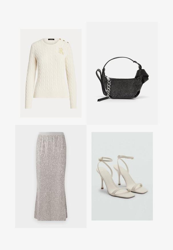 Krémový svetr s pleteným vzorem, dlouhými rukávy, kulatým výstřihem, zlatě vyšitým logem na hrudi a třemi zlatými knoflíky na rameni.; Sukně s délkou po kolena, stříbrná, pokrytá flitry, s přiléhavým pasem, vyznačující se vertikálními vzory lesku a postranními rozparky pro snadný pohyb.; Béžové sandály na vysokém podpatku se čtveratou špičkou a tenkými řemínky kolem kotníků. Hladký materiál s minimálním designem, s štíhlým podpatkem.; Černá kabelka s texturovaným designem, zdobená stříbrnými hroty a masivním stříbrným řetízkem. Má elegantní, minimalistický tvar.