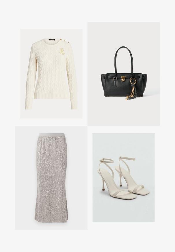 Cremefarbener Kabelstrickpullover mit langen Ärmeln, Rundhalsausschnitt, goldfarbenem gesticktem Logo auf der Brust und drei goldenen Knöpfen an der Schulter.; Knielange, silberne Paillettenrock mit einem taillierten Bund, der vertikale Schimmermuster und seitliche Schlitze für Bewegungsfreiheit aufweist.; Beige High-Heelsandalen mit quadratischer Zehenpartie und dünnen Knöchelriemen. Glattes Material mit minimalistischem Design und einem schmalen Absatz.; Schwarze Lederhandtasche mit doppelten Griffen, goldfarbener Verschluss- und Kettendetails sowie einem schwarz-weißen Quastenaccessoire vor weißem Hintergrund.