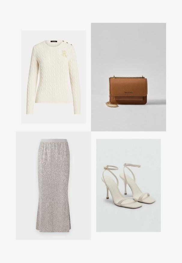 Cream cable-knit sweater with long sleeves, round neck, gold embroidered logo on chest, and three gold buttons on shoulder.; Knee-length, silver sequin skirt with a fitted waistband, featuring vertical shimmer patterns and side slits for ease of movement.; Beige high-heeled sandals with a square toe and thin ankle straps. Smooth material with minimal design, featuring a slender heel.; Brown textured leather crossbody bag with gold chain strap and flap closure. Front features logo detail and a pocket under the flap.
