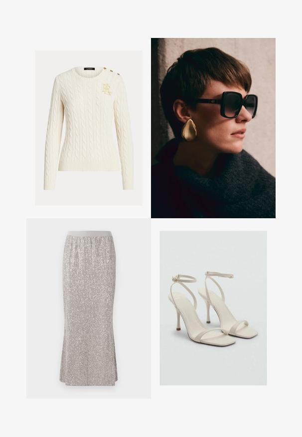 Krem džemper s pletenim uzorkom, dugih rukava, okruglog izreza, zlatno izvezenim logotipom na prsima i tri zlatne dugmadi na ramenu.; Suknja do koljena od srebrnih šljokica s uskim pojasom, koja sadrži vertikalne uzorke sjaja i bočne proreze za lakoću kretanja.; Bež sandale na visokom potpeticom s kvadratnim vrhom i tankim remenčićima oko zapešća. Glatki materijal s minimalnim dizajnom, sa vitkim potpeticama.; Crne oversized sunčane naočale s tamnim lećama i zlatnim detaljima, uparenih s velikom, sjajnom zlatnom naušnicom u obliku suze. Tamni teksturirani šal.