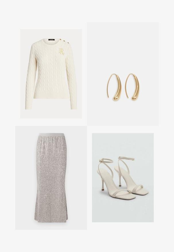 Crème kabelgebreide trui met lange mouwen, ronde hals, gouden geborduurd logo op de borst en drie gouden knopen op de schouder.; Knie-lange, zilveren paillettenrok met een aansluitende tailleband, voorzien van verticale glinsterpatronen en zijopeningen voor meer bewegingsvrijheid.; Beige hoge haksandalen met een vierkante neus en dunne enkelbandjes. Gewoon materiaal met een minimalistisch ontwerp, met een slanke hak.; Gouden metalen oorbellen in de vorm van een gebogen, verlengde hoop. Kenmerkend zijn het gladde, glanzende oppervlak en de afgeronde punt voor extra detail.
