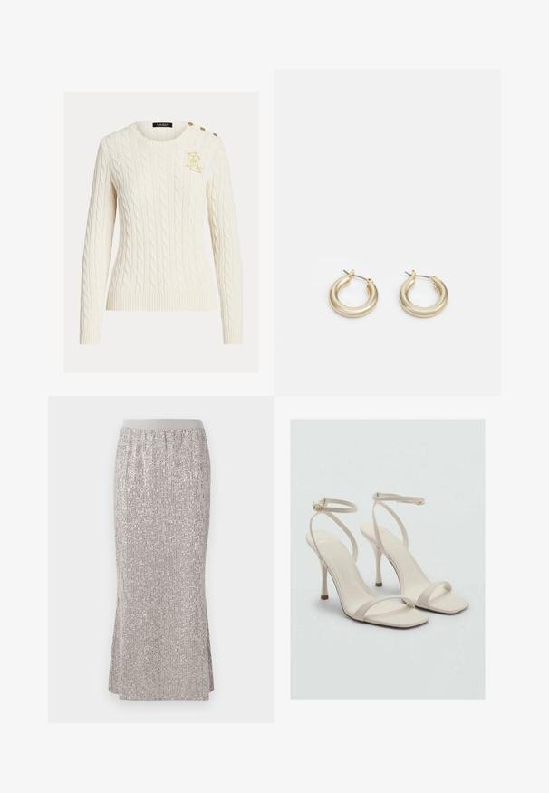 Cremefarbener Kabelstrickpullover mit langen Ärmeln, Rundhalsausschnitt, goldfarbenem gesticktem Logo auf der Brust und drei goldenen Knöpfen an der Schulter.; Knielange, silberne Paillettenrock mit einem taillierten Bund, der vertikale Schimmermuster und seitliche Schlitze für Bewegungsfreiheit aufweist.; Beige High-Heelsandalen mit quadratischer Zehenpartie und dünnen Knöchelriemen. Glattes Material mit minimalistischem Design und einem schmalen Absatz.; Lauren Ralph Lauren BASIC SMALL HOOP - Ohrringe - gold-coloured