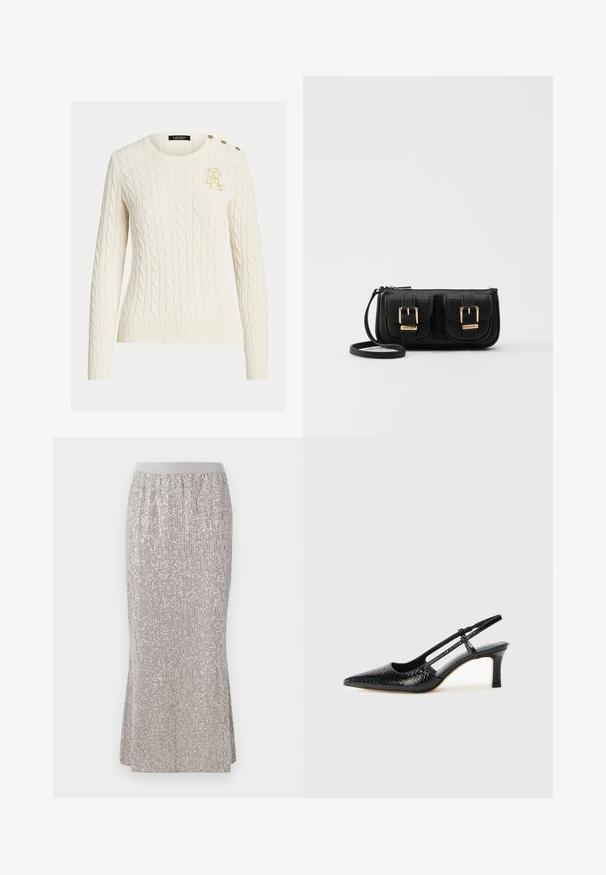 Krem džemper s pletenim uzorkom, dugih rukava, okruglog izreza, zlatno izvezenim logotipom na prsima i tri zlatne dugmadi na ramenu.; Suknja do koljena od srebrnih šljokica s uskim pojasom, koja sadrži vertikalne uzorke sjaja i bočne proreze za lakoću kretanja.; Crne lakirane slingback pete s oštrim vrhom, s teksturiranim uzorkom zmijske kože, podesivom remenom i kratkom, teksturiranom blok-petom.; Crna kožna torba preko ramena s dva prednja džepa, zlatnim kopčama, zatvaranjem na zip i uskim remenom. Teksturirana površina i kompaktan pravokutan oblik.