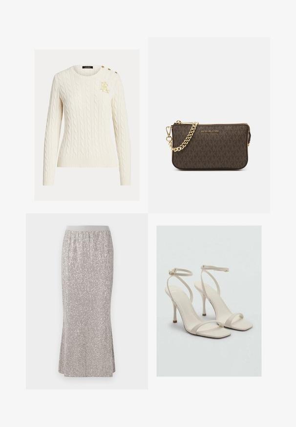 Crème kabelgebreide trui met lange mouwen, ronde hals, gouden geborduurd logo op de borst en drie gouden knopen op de schouder.; Knie-lange, zilveren paillettenrok met een aansluitende tailleband, voorzien van verticale glinsterpatronen en zijopeningen voor meer bewegingsvrijheid.; Beige hoge haksandalen met een vierkante neus en dunne enkelbandjes. Gewoon materiaal met een minimalistisch ontwerp, met een slanke hak.; Bruin leren schoudertas met logo-patroon, gouden kettingband, ritsluiting en gouden hardwareaccenten. Compacte en rechthoekige vorm.