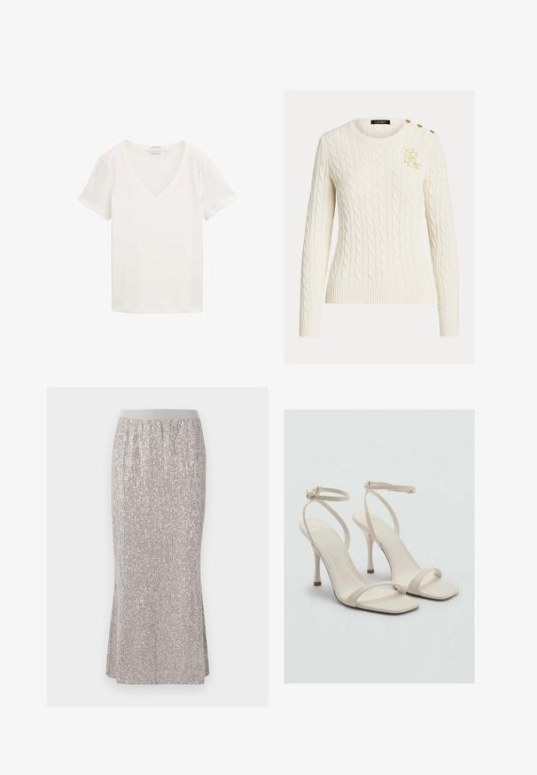 Kremowy sweter w warkocze z długimi rękawami, okrągłym dekoltem, złotym haftowanym logo na piersi oraz trzema złotymi guzikami na ramieniu.; Biała, krótko rękawowa koszulka typu V-neck wykonana z organicznej bawełny, wystawiona na płasko na białym tle.; Sukienka do kolan, pokryta srebrnymi cekinami, z dopasowaną talią, z pionowymi wzorami błysku i bocznymi rozporkami dla ułatwienia ruchu.; Beżowe sandały na wysokim obcasie z kwadratowym noskiem i cienkimi paskami na kostkę. Gładki materiał o minimalistycznym wzornictwie, z smukłym obcasem.
