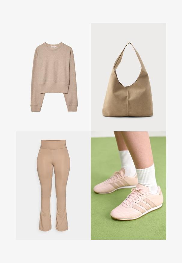 Beige cropped striktrøje med lange ærmer, ribbede manchetter, kant og rund halsudskæring, vist på hvid baggrund.; Naturlige farvede leggings med høj talje, flagrende kant, glat tekstur og uden synlige mønstre eller hardware detaljer.; Lyselyserøde træningssko med diagonal syning, hvide såler og tre sidelægstriber. Båret med ribbede hvide sokker på en grøn overflade.; Hobo taske i blød beige ruskind med en afslappet form, bred skulderrem og håndsyet sømdetalje langs fronten.