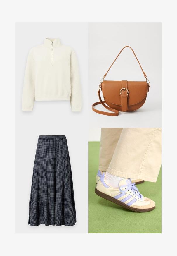 Kremfarget fleece-genser med høy krage og glidelås foran. Teksturen er myk og luftig, med ribbestrikkede mansjetter og kant.; Lagdelt maxi-skjørt i marineblå rutemønster, med elastisk midjebånd, flere stofflag og en myk, strukturert finish.; Kremfargede og lavendelfargede joggesko med tre striper og en teksturert brun såle, med lisser og en polstret hæl. Mykt stofføvre.; Brun lærcrossbody-veske med en buet form, gullhardware og et spenneakcent. Har en avtakbar skulderreim.