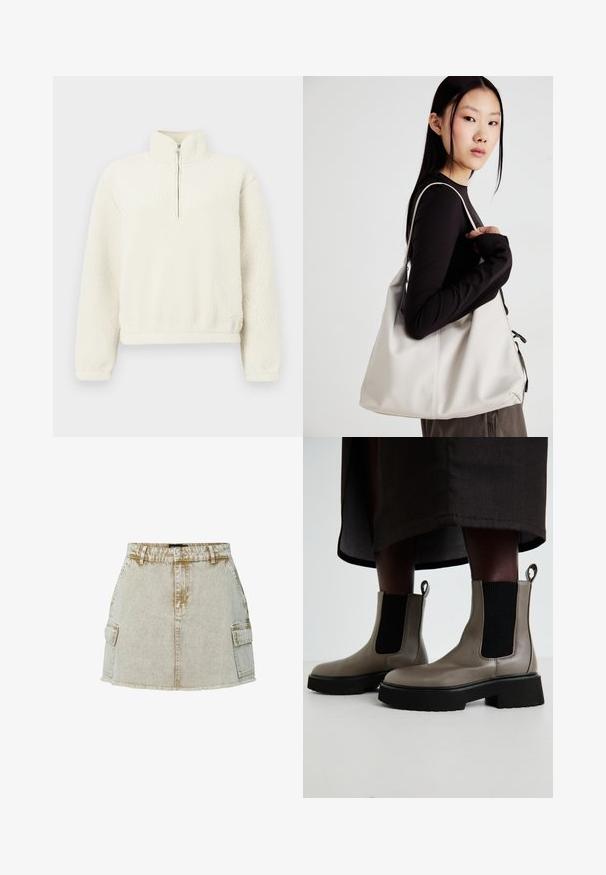 Pull en polaire couleur crème avec un col haut et une fermeture éclair sur le devant. La texture est douce et moelleuse, avec des poignets et un ourlet côtelés.; Jupe en denim beige avec un ourlet effiloché, deux poches latérales et une fermeture à boutons classique. Le tissu a une finition légèrement texturée.; Bottes chelsea grises en cuir texturé avec des panneaux latéraux élastiques et une semelle épaisse noire. Équipées de languettes pour un enfilage facile.; Sac à main beige en matériau souple, avec un design décontracté, des détails cousus et deux poignées. Idéal pour un usage quotidien.