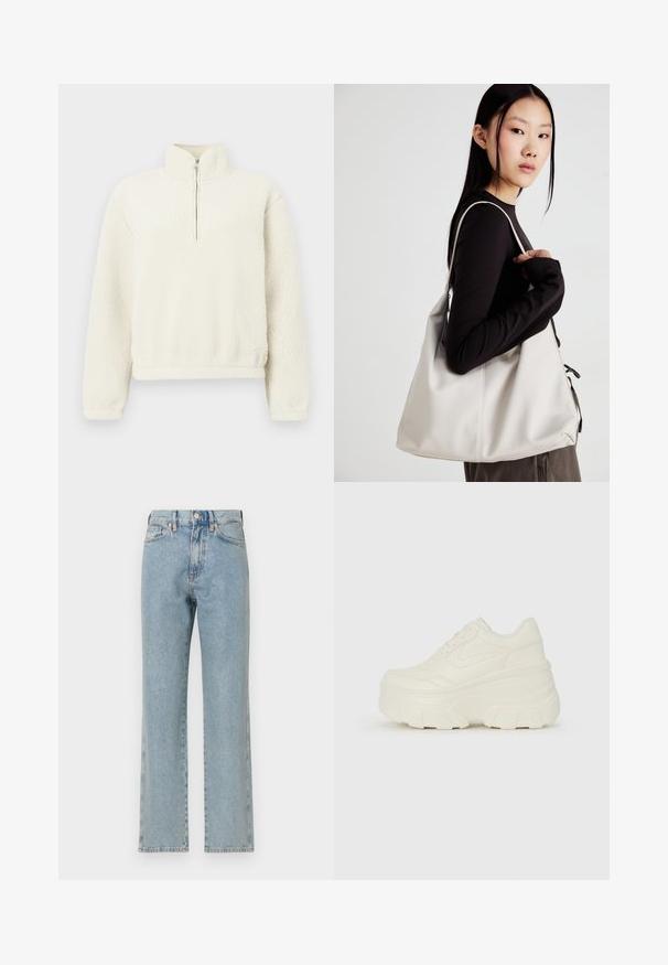 Pulover od krem boje s visokim ovratnikom i prednjim patentnim zatvaračem. Tekstura je mekana i pahuljasta, s rebrastim manžetama i donjim rubom.; Svijetloplavi traperice s ravnim nogavama, pet džepova, zatvaranjem na dugme i suptilnom teksturom. Nema vidljivih oštećenja ili uzoraka.; Bijele platformske tenisice s glatkim gornjim dijelom koji nalikuje koži, zaobljenim oblikom, podstavljenim okvirom i teksturiranim gumeni potplat s definiranom profilacijom.; Bežna torba od mekog materijala s opuštenim dizajnom, šivanim detaljima i dva remena za rame. Pogodna za svakodnevnu upotrebu.