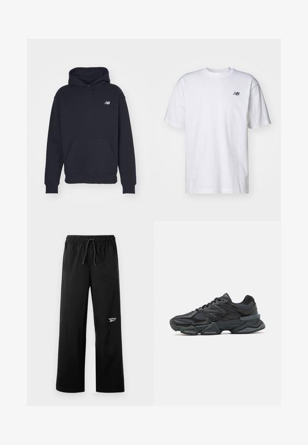 Μαύρη φούτερ από μείγμα βαμβακιού, με καγκουρό τσέπη, κουκούλα με κορδόνια και ένα μικρό κεντητό λογότυπο στο στήθος.; Λευκό κοντομάνικο μπλουζάκι με κανονική λαιμόκοψη και μικρό μαύρο λογότυπο New Balance στο αριστερό μέρος του στήθους, σε απλό φόντο.; Μαύρο αθλητικό παντελόνι με κορδόνι στη μέση, πλαϊνές τσέπες και λογότυπο Reebok. Φτιαγμένο από απαλό, ελαφρύ υλικό με φαρδιά γραμμή.; Μαύρο αθλητικό παπούτσι με συνδυασμό πλέγματος και συνθετικών υλικών, χοντρή σόλα, καμπυλωτό σχέδιο και έντονη επωνυμία στο πλάι.