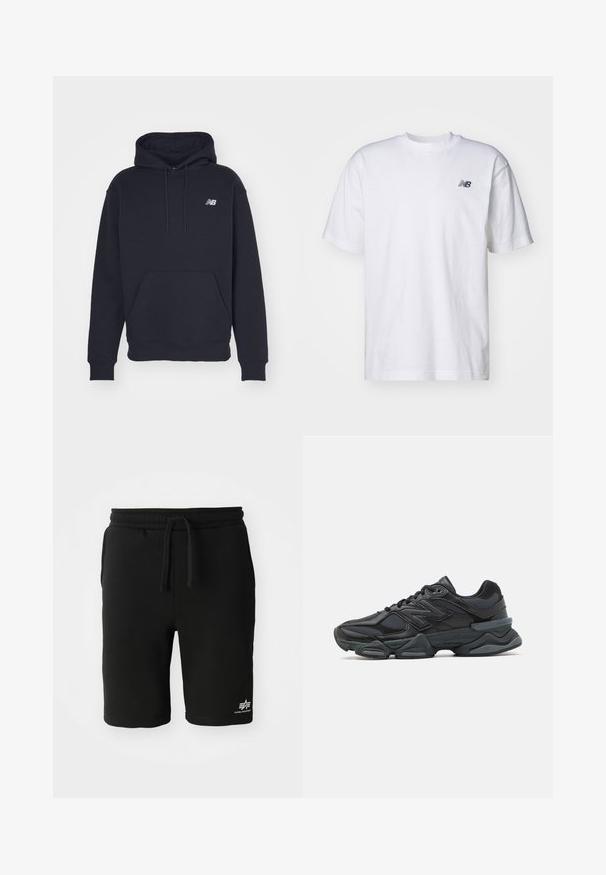 Schwarzer Hoodie aus einer Baumwollmischung, mit einem Kängurutasche, einer Kapuze mit Kordelzug und einem kleinen gestickten Logo auf der Brust.; Weißes T-Shirt mit kurzen Ärmeln und Rundhalsausschnitt, mit kleinem schwarzen New Balance-Logo auf der linken Brust vor einem einfarbigen Hintergrund.; Schwarze Baumwollshorts mit einem elastischen Bund, Kordelzug, Seitentaschen und einem weißen Logodetail am unteren Saum. Glatte Textur.; Schwarzer Laufschuh mit einer Mischung aus Mesh- und sinthetischen Materialien, dicke Sohle, geschwungenes Design und auffälliger Markenkennzeichnung an der Seite.
