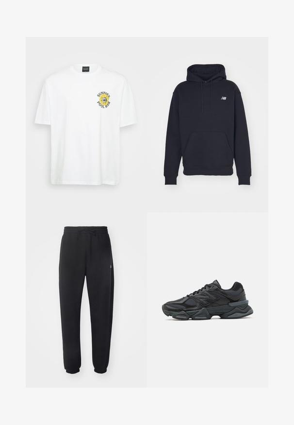 Črna kapuca iz mešanice bombaža, ki ima kenguru žep, kapuco s vrvico in majhen vezen logotip na prsih.; Bela bombažna majica s krožno ovratnikom, kratkimi rokavi in grafiko sončnice z napisom "SUNNIES POOL BAR" na levi strani prsnega dela.; Črne trenirke iz mehkega materiala z elastičnim pasom, vrvico in zoženimi manšetami, ki vsebujejo subtilen logotip na strani.; Črne tekaške superge, ki združujejo mrežaste in sintetične materiale, imajo debel podplat, ukrivljen oblikovni slog ter izrazito blagovno znamko na strani.