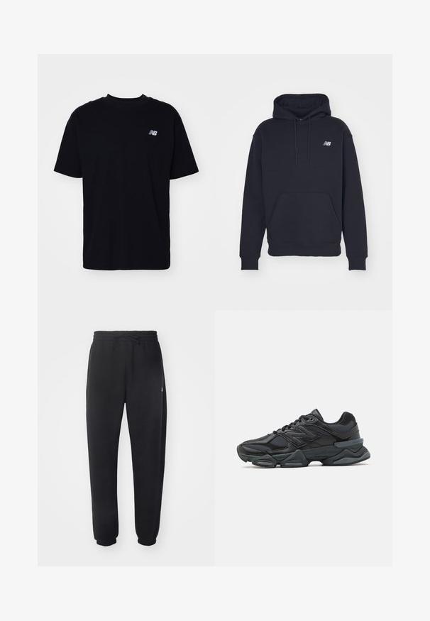 Zwarte hoodie van een katoenmix, met een buidelzak, trekkoordcapuchon en een klein geborduurd logo op de borst.; Zwarte katoenen t-shirt met een ronde hals, korte mouwen en een klein reliëflogo op de linkerborst. Klassieke pasvorm en een soepele textuur.; Zwarte joggingbroek van zacht materiaal met een elastische tailleband, trekkoord en taps toelopende manchetten, met een subtiele logo aan de zijkant.; Zwarte hardloopschoen met een mix van mesh en synthetische materialen, een stevige zool, gebogen ontwerp en prominente branding op de zijkant.