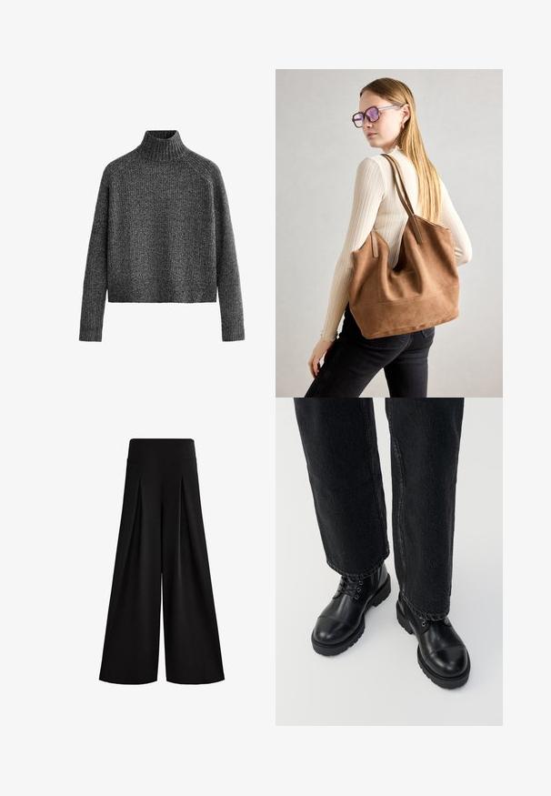 Gray turtleneck sweater with a ribbed texture, cropped length, and long sleeves. Made from a soft, knitted material.; Black wide-leg pants made of soft fabric, featuring a high waistband and pleats for added volume. Smooth, untextured surface.; Black leather ankle boots with round toes, laces, and a rugged, thick sole. Paired with dark jeans showing a raw hem detail.; Brown suede tote bag with soft texture, large opening, and long straps. Features a simple design with visible stitching and no hardware.