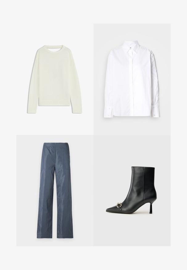 Light cream sweater featuring a round neck, long sleeves, ribbed hem, and a soft texture. No patterns or visible hardware details.; White button-up shirt with a classic collar, long sleeves, and cuffed wrists. Made from smooth fabric, it features a center front placket.; Wide-leg trousers in dark grey, made of smooth fabric. Features two front pockets and stitched detailing along the seams.; Black leather ankle boot with pointed toe, slim mid-height heel, and silver buckle detail on side against plain background.