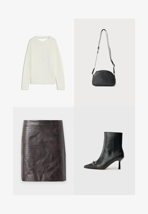Ljus krämfärgad tröja med rund hals, långa ärmar, ribbat nederkant och en mjuk struktur. Inga mönster eller synliga hårdvarudetaljer.; Krokodilpräglad kort kjol i mörkbrunt med en slät textur och en figurnära silhuett med en lätt utflaring vid fållen.; Svart läderankelboot med spetsig tå, smal medelhög klack och silverfärgad spänndetalj på sidan mot en enfärgad bakgrund.; Svart läder crossbody-väska med rundad form, två justerbara remmar och en diskret logotyp på framsidan. Strukturerad yta, minimalistisk design.