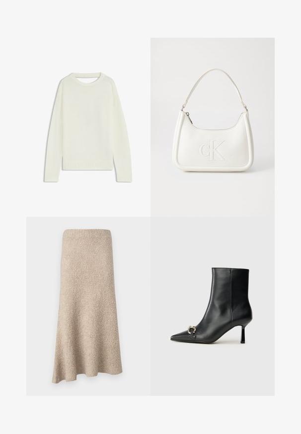 Hellbeige Pullover mit Rundhalsausschnitt, langen Ärmeln, geripptem Saum und weicher Textur. Keine Muster oder sichtbaren Hardware-Details.; Knielange A-Linien-Rock aus weichem beigen Material mit strukturierter Oberfläche und ohne sichtbare Verschlüsse oder Muster.; Schwarze Leder-Stiefelette mit spitzer Zehe, schlankem, mittelhohem Absatz und silberner Schnalle seitlich vor einem schlichten Hintergrund.; Weiße Lederhandtasche mit abgerundeter Form, ausgestattet mit einem geprägten "CK"-Logo auf der Vorderseite und einem Einzel-Schultergurt. Reißverschluss oben.