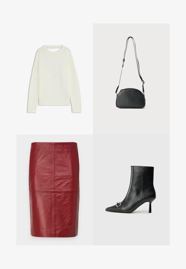 Jasny sweter z okrągłym dekoltem, długimi rękawami, prążkowanym wykończeniem i miękką teksturą. Bez wzorów ani widocznych detali metalowych.; 2nd Day JAYAN ciemnoczerwony; Czarny skórzany botek za kostkę z szpiczastym noskiem, smukłym średnim obcasem i srebrnym zapięciem po boku na jednolitym tle.; Czarna skórzana torebka na ramię o zaokrąglonym kształcie, z dwiema regulowanymi ramiączkami i subtelnym logo z przodu. Teksturowana powierzchnia, minimalistyczny design.