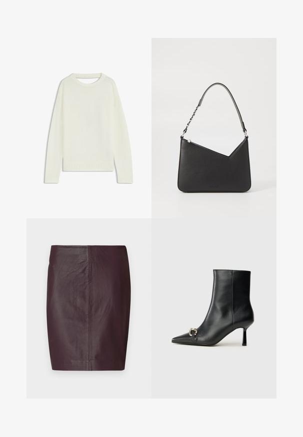 Lys cremesweater med rund hals, lange ærmer, ribbet kant og en blød tekstur. Ingen mønstre eller synlige hardware-detaljer.; Mørk burgunder læder nederdel med en glat overflade, tætsiddende design og en lige silhuet. Karakteriseret ved minimale sømme og ingen synligt hardware.; Sort læder ankelstøvle med spidse tæer, slank hæl i mellemhøjde og sølvspænde detaljer på siden mod en ensfarvet baggrund.; Sort læderhåndtaske i trekantet form med en slank rem og sølv hardware. Har lynlås-lukning og prægede logo på forsiden.
