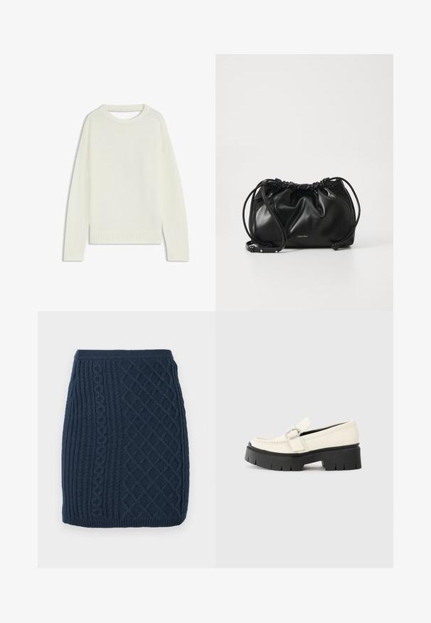 Pull crème clair avec un col rond, des manches longues, un ourlet côtelé et une texture douce. Aucun motif ni détail métallique visible.; Mini-jupe tricotée bleu marine avec des motifs en côtes et en torsades, présentant une finition texturée et une taille ajustée.; Loafer en cuir blanc avec une semelle plateforme noire épaisse, présentant une boucle rectangulaire en argent et des détails de couture visibles sur la tige.; Sac à main en cuir noir avec un design froncé, fermeture à double cordon et bandoulière amovible. Présente un détail de logo métallique.
