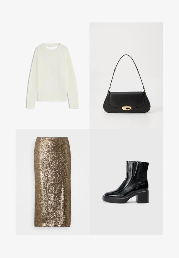 Vaalean kermanvärinen neule, jossa on pyöreä pääntie, pitkät hihat, ribbireunus ja pehmeä texture. Ei kuvioita tai näkyviä kiinnitysdetaileja.; Kultainen paljettihame, jossa on suora muoto, tekstuuri pinta ja takana vetoketjuluukku. Kiiltävät paljetit peittävät koko kankaan.; Musta patentoitu nahkasaappaat nilkkoihin, joissa on kaareva kärki, joustavat sivupaneelit ja paksu lohkoilut. Takana on kohokuvioitu logo.; Musta nahkainen käsilaukku, jossa on kaareva muotoilu, kultasävyiset yksityiskohdat ja yläkahva. Sisältää tyylikkään sulkijan ja sileän pinnan.