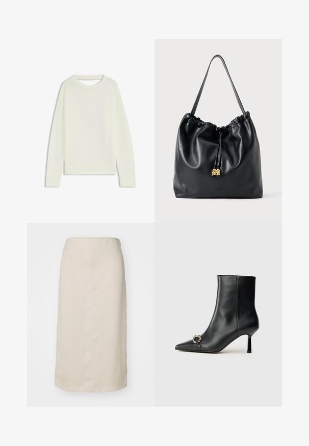 Hellbeige Pullover mit Rundhalsausschnitt, langen Ärmeln, geripptem Saum und weicher Textur. Keine Muster oder sichtbaren Hardware-Details.; Beige Bleistiftrock mit glatter Textur, knielanger Schnitt und einem verdeckten Reißverschluss auf der Rückseite zur Verschluss. Minimalistischer Stil, keine Muster.; Schwarze Leder-Stiefelette mit spitzer Zehe, schlankem, mittelhohem Absatz und silberner Schnalle seitlich vor einem schlichten Hintergrund.; Schwarze Lederzugtasche mit glatter Oberfläche, gerafftem oberen Teil und dezenten goldenen Hardware. Sie verfügt über einen stabilen Schulterriemen und ein geprägtetes Logo.