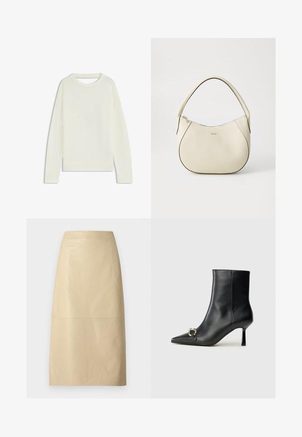 Pull crème clair avec un col rond, des manches longues, un ourlet côtelé et une texture douce. Aucun motif ni détail métallique visible.; Jupe crayon en cuir beige avec une texture lisse, silhouette mi-longue et design minimaliste. Dotée d'un détail de couture au centre.; Bottine en cuir noir avec un bout pointu, un talon moyen fin et un détail de boucle en argent sur le côté, se détachant sur un fond uni.; Sac à main couleur crème avec une finition texturée, forme courbée, anses courtes et détail de logo doré. Fermeture éclair sur le dessus.