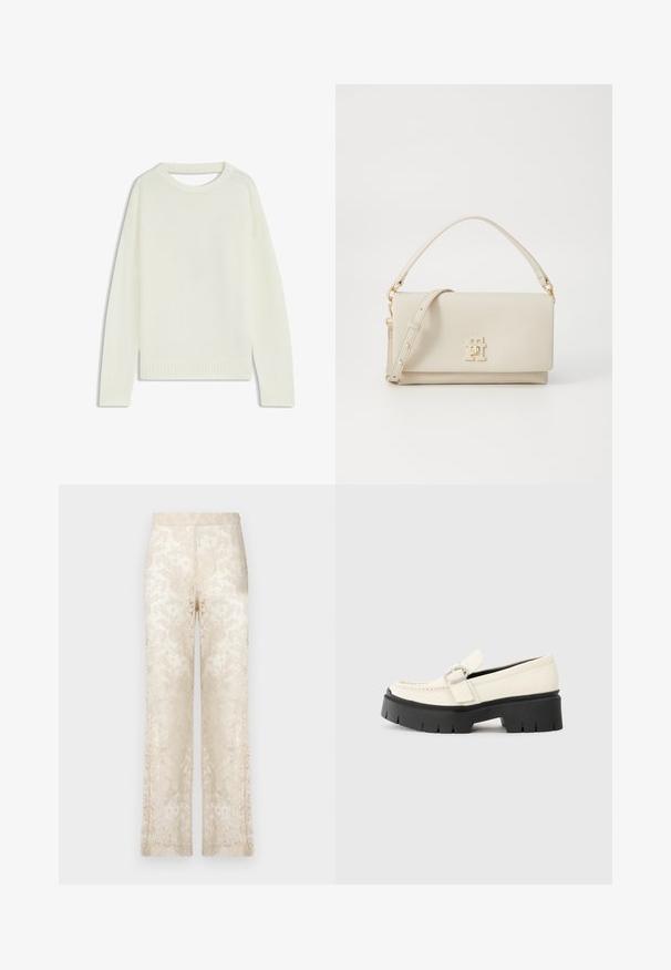 Pull crème clair avec un col rond, des manches longues, un ourlet côtelé et une texture douce. Aucun motif ni détail métallique visible.; Pantalons larges en dentelle de couleur crème, présentant des motifs floraux intriqués et une surface texturée. Taille élastique pour le confort.; Loafer en cuir blanc avec une semelle plateforme noire épaisse, présentant une boucle rectangulaire en argent et des détails de couture visibles sur la tige.; Sac à main en cuir beige avec une forme structurée, des accessoires en ton doré et un logo sur le devant. Il dispose d'une poignée supérieure et d'une bandoulière amovible.