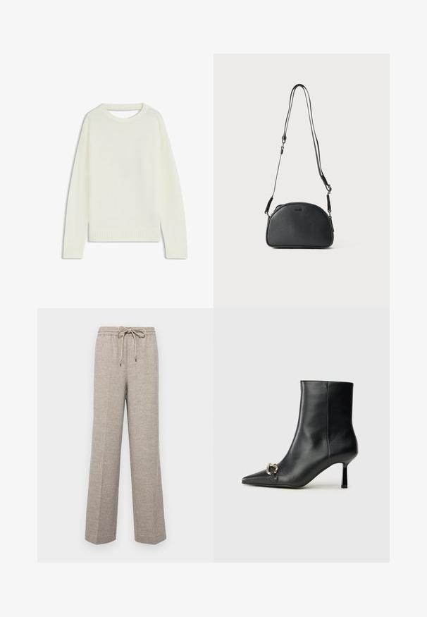 Hellbeige Pullover mit Rundhalsausschnitt, langen Ärmeln, geripptem Saum und weicher Textur. Keine Muster oder sichtbaren Hardware-Details.; BOSS TAVITE - Stoffhose - open grey; Schwarze Leder-Stiefelette mit spitzer Zehe, schlankem, mittelhohem Absatz und silberner Schnalle seitlich vor einem schlichten Hintergrund.; Schwarze Leder-Umhängetasche mit runder Form, zwei verstellbaren Trägern und einem dezenten Logo auf der Vorderseite. Strukturierte Außenseite, minimalistisches Design.