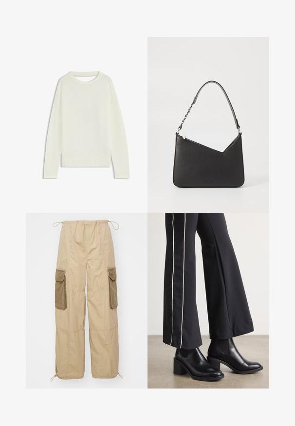 Ljus krämfärgad tröja med rund hals, långa ärmar, ribbat nederkant och en mjuk struktur. Inga mönster eller synliga hårdvarudetaljer.; Beige cargo byxor med dragsko i midjan, två sidofickor, justerbara mudd och texturerad tyg. Har fickor med olivgrön accent.; Svarta läderankelboots med klack, med elastiska sidopaneler. I kombination med svarta byxor som har en vit sidostrip.; Svart läderhandväska med triangulär form, en smal rem och silverfärgad hårdvara. Har dragkedjestängning och logotyp prägling på framsidan.