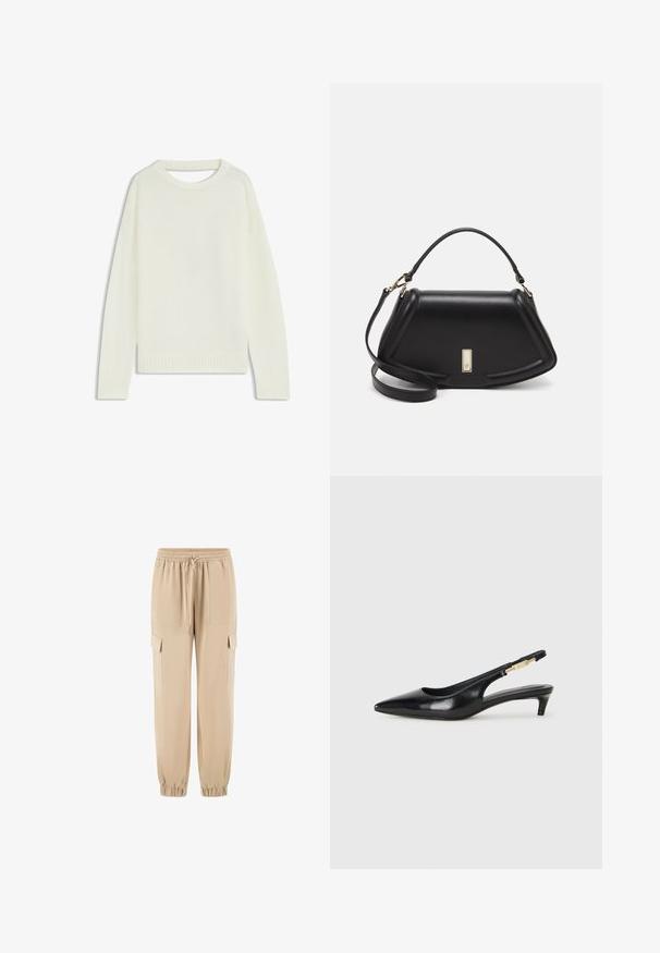 Lichtcreme trui met een ronde hals, lange mouwen, geribbelde zoom en een zachte textuur. Geen patronen of zichtbare hardwaredetails.; Beige cargo broeken van zacht materiaal, met een elastische tailleband, trekkoord en zijzakken. Tapered leg met elastische boorden.; Zwarte leren slingback hakken met een spitse neus, voorzien van een slanke hak en een goudkleurige accent op de verstelbare band. Gladde textuur.; Zwarte leren handtas met een gestructureerd ontwerp, featuring een verkorte vorm, bovenhandvat en gouden hardwareaccent. Inclusief verstelbare schouderband.
