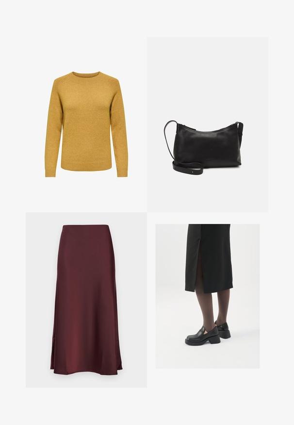 Dzeltena sinepju krāsas adīta džemperis, apaļa kakla izgriezums, garas piedurknes, ribotu aproču un apakšmalu, teksturēta apdare, regulāra piegriezuma, bez rotājumiem.; YAS YASPELLA MIDI - A-silueta svārki - decadent chocolate; Melni ādas apavi ar noapaļotu purngalu, biezām bloku papēžiem un elastīgiem sānu akcentiem, apvienoti ar tumšām zeķubiksēm un melnu svārku ar šķirbu.; Melna ādas plecu soma ar gludu tekstūru, izliekta forma, regulējama siksna un rāvējslēdzēja aizdare. Minimālistisks dizains bez rotājumiem.