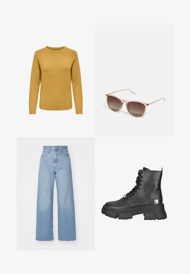 Sweter w musztardowym żółtym kolorze, okrągły dekolt, długie rękawy, ściągacze u mankietów i u dołu, fakturowane wykończenie, standardowy krój, bez ozdób.; Jasnoniebieskie jeansy z wysokim stanem i szerokimi nogawkami, z zapięciem na guziki i zamek z przodu, przednie i tylne kieszenie, na białym tle.; Czarne skórzane botki za kostkę z masywną platformą, okrągłym noskiem oraz sznurowaniem z metalowymi oczkami i pętelką z tyłu.; Brązowe okulary przeciwsłoneczne w gradientowym kolorze z przezroczystym różowym ramkiem, w kształcie kwadratu, z cienkimi metalowymi zausznikami. Posiadają zaokrąglone krawędzie i minimalne wykończenie.; Złota bransoletka w kształcie okręgu o gładkiej, błyszczącej powierzchni, z subtelnym detalem zapięcia.