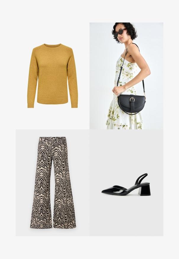 Sennepsgul strikket sweater, rund hals, lange ærmer, ribbede manchetter og kant, struktureret finish, regular fit, ingen dekorationer.; Vide bukser lavet af stof med et beige og sort zebra mønster, med høj talje og traditionelt fem lomme design.; Sorte patentlæder slingback hæle med spids tå og en geometrisk blok hæl. Har et elegant, minimalistisk design og en glat tekstur.; Sort læderhåndtaske med en buet form, aftagelig rem og guldfinish. Tasken har en klap med en spænde detalje.
