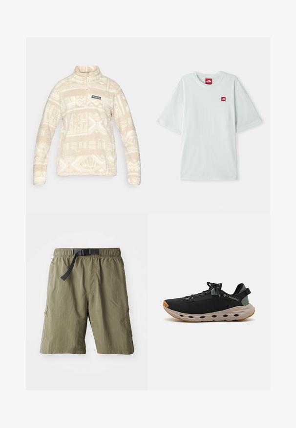 Kremveida flīsa pulovers ar puscipa dizainu, stāvošu apkakli un ģeometriskiem rakstiem gaišākā tonī; ietver logo uzlīmi uz krūtīm.; Gaiši zaļa īsām piedurknēm T-kreklu, izgatavotu no mīksta kokvilnas, ar mazu sarkanu logo etiķeti kreisajā krūtīs. Brīvs griezums un apaļa kakla izgriezums.; Kaki kravu šorti ar elastīgu jostasvietu, regulējamu melnu jostu un divām sānu kabatām. Teksturēta auduma, neformāls dizains.; Melni Columbia sporta apavi ar elpojošu augšdaļu, mīkstu pelēku vidusdaļu un izturīgu brūnu zoli. Iespējots minimālistisks dizains un regulējami šņorēšanas elementi.