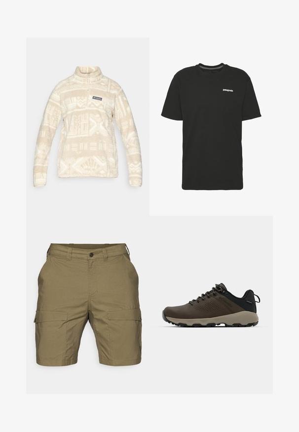 Beli flis pulover s polu-zip dizajnom, stojećim ovratnikom i geometrijskim uzorcima u svjetlijoj nijansi; uključuje logo zakrpu na prsima.; Crna pamučna majica s kratkim rukavima, okruglim izrezom i malim bijelim logotipom "Patagonia" na prsima. Jednostavan, neukrašen dizajn.; Kargo šorts u maslinasto zelenoj boji, sa kopčanjem na dugme, dva prednja džepa i dva bočna kargo džepa s preklopima. Teksturirana tkanina.; Smeđe vodootporne tenisice s teksturiranom gornjom i perforiranim detaljima, crnom potporom za petu i sivim gumiranim potplatom. Čipke su stilizirane s metalnim krajevima.