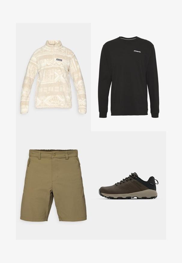 Kremo spalvos vilnos megztinis su pusiau užtrauktuku, stačiu apykakle ir geometriniais raštais šviesesnėje spalvoje; ant krūtinės yra logotipo užtaisas.; Juodas ilgomis rankovėmis marškinėliai, pagaminti iš medvilnės, su apvalia kaklo iškirpte ir mažu baltu „patagonia“ logotipu krūtinėje. Lygus paviršius.; Kakinių šortai, pagaminti iš lengvos medžiagos, su užtrauktuku užsegama kišene, mygtuko uždarymu ir tiesiu apvadu. Juosmens dalis iš dalies elastinga.; Rudi nepralaidūs sportbačiai su tekstūruota viršutine dalimi, perforuotomis detalėmis, juodu kulno palaikymu ir pilku guminio padu. Šniūreliai yra dekoruoti metaliniais galais.