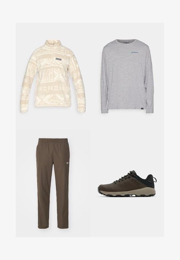 Beli flis pulover s polu-zip dizajnom, stojećim ovratnikom i geometrijskim uzorcima u svjetlijoj nijansi; uključuje logo zakrpu na prsima.; Svijetlosivi dugi rukav majica od mekanog, teksturiranog materijala. Ima okrugli izrez i mali plavi Patagonia logo na prsima.; Smeđe, lagane hlače s elastičnim pojasom i ravnim krojem. Sadrže mali logotip na lijevoj nozi. Glatka, izdržljiva tkanina.; Smeđe vodootporne tenisice s teksturiranom gornjom i perforiranim detaljima, crnom potporom za petu i sivim gumiranim potplatom. Čipke su stilizirane s metalnim krajevima.