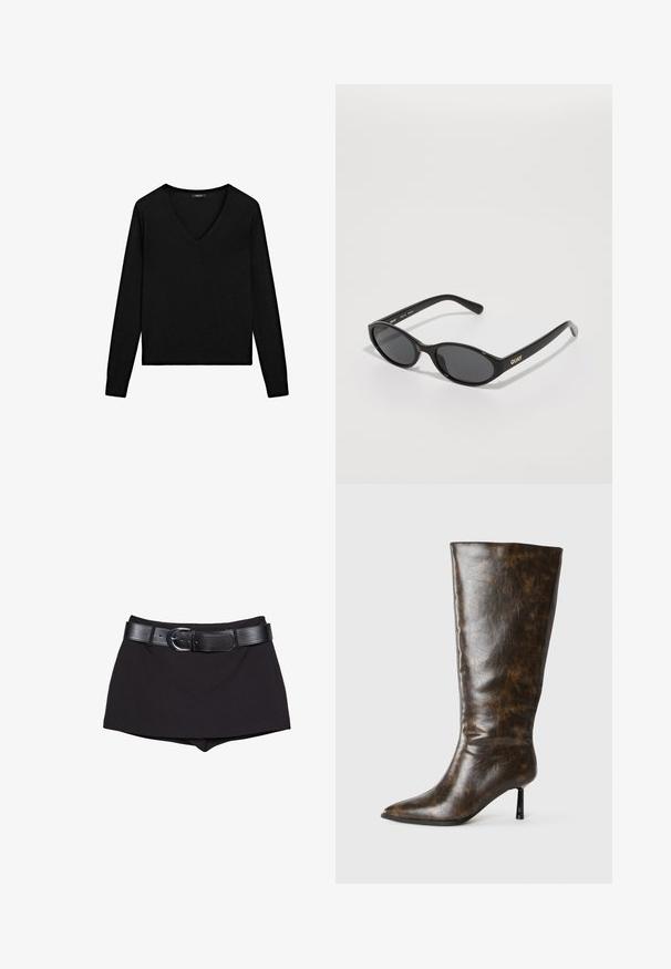 Schwarzer Pullover mit langen Ärmeln und V-Ausschnitt. Aus weichem Material, mit taillierter Passform und gerippten Kanten. Schlichtes Design, ohne Muster.; Schwarze Shorts mit glatter Textur, ausgestattet mit einem breiten schwarzen Gürtel und silberner Schnalle, geschnitten in einem figurbetonten Design mit einem leicht hoch geschnittenen Bund.; Braune, abgenutzte Lederkniehohe Stiefel mit spitzem Zeh und dünnem Stiletto-Absatz auf weißem Hintergrund.; Schwarze Sonnenbrille mit runden Gläsern, glänzender Kunststofffassung und goldfarbenem "QUAY"-Logo an der Seite. Mit dunkel getönten Gläsern.; Ein Anhänger-Halskette mit einem strukturierten, metallischen Silberquadrat-Anhänger an einem schwarzen Band. Hervorzuhebende Details sind filigrane Muster und eine glatte Oberfläche.